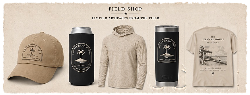 Field Shop. Limited artifacts from the field: field cap, koozie, sun hoodie, pocket tee, tumbler.